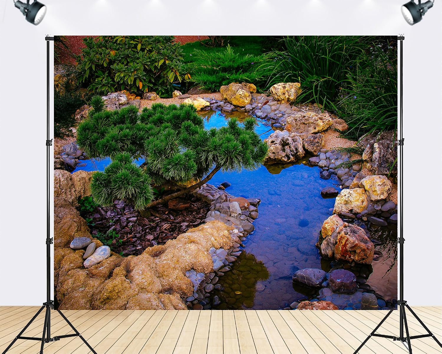 Trykid 20x10ft Zen Garden Pond Backdrop Clear Blue Water Natural Stones Dwarf Pine Tree Lush Greenery Photography Background Calm Spa Meditation Themed Party Decoration Photo Booth Prop Fabric