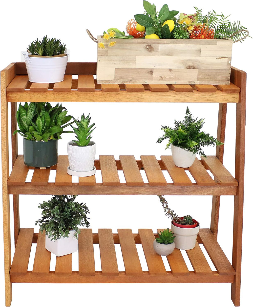 Sunnydaze Outdoor Meranti Wood 3-Tiered Garden Shelf with Teak Oil Finish
