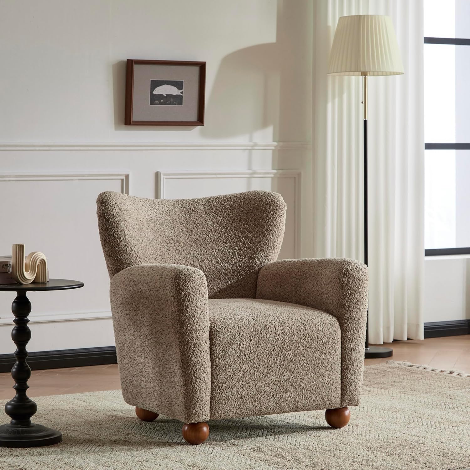 Christopher Knight Home Lindy Wingback Accent Chair, Upholstered Armchair with Rounded Wooden Legs, Curved Backrest Single Sofa, Soft Cushion Seating, Comfy Lounge Chair for Living Room, Light Brown