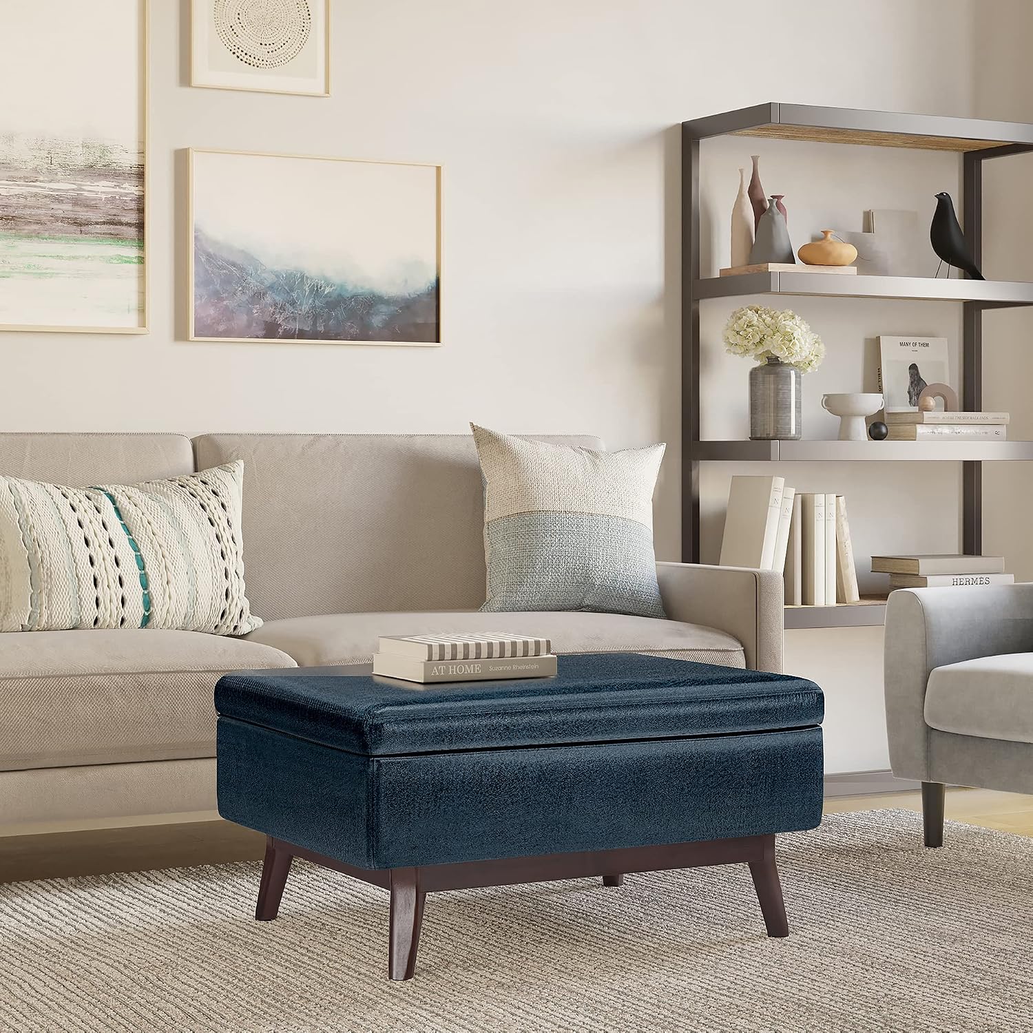 SIMPLIHOME Owen Coffee Table Storage Ottoman - 34' Wide x 19' High Upholstered Vegan Leather Rectangular Lift-Top Ottoman in Distressed Dark Blue, Mid-Century Modern Bench with Tapered Legs