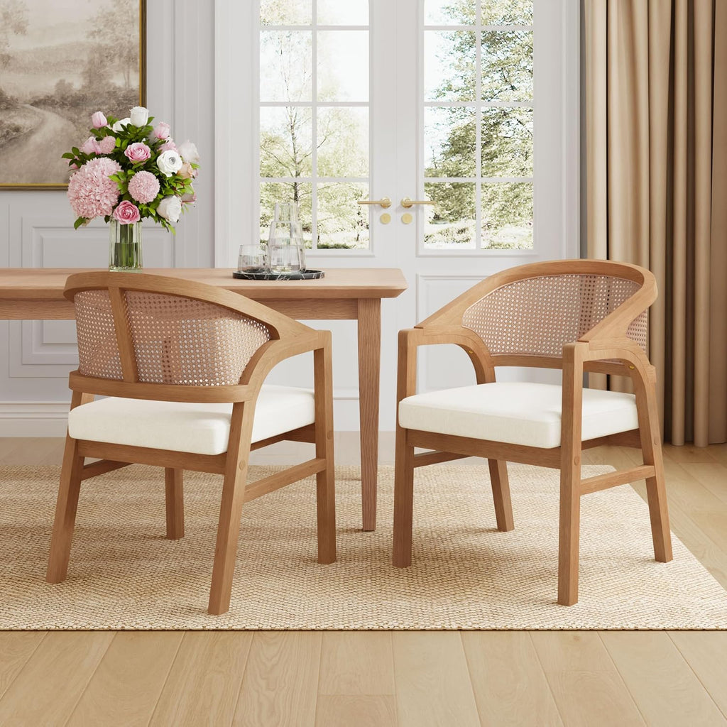 Christopher Knight Home Faritel Modern Wooden Dining Chairs Set of 2, Fabric Upholstered Kitchen Side Armchairs, Living Room Comfy Reading Chair with Curved Rattan Back, Natural Oak+Beige