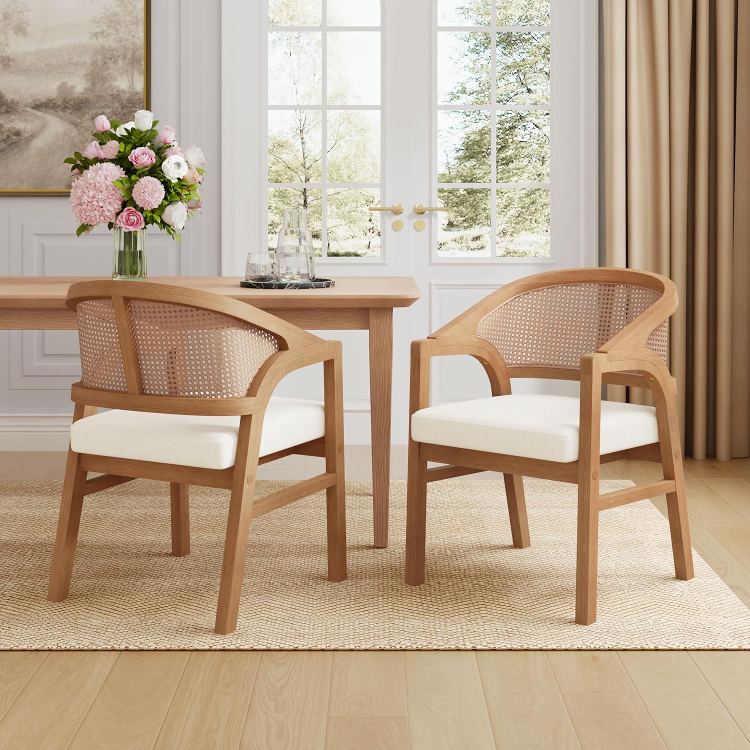 Christopher Knight Home Faritel Modern Wooden Dining Chairs Set of 2, Fabric Upholstered Kitchen Side Armchairs, Living Room Comfy Reading Chair with Curved Rattan Back, Natural Oak+Beige