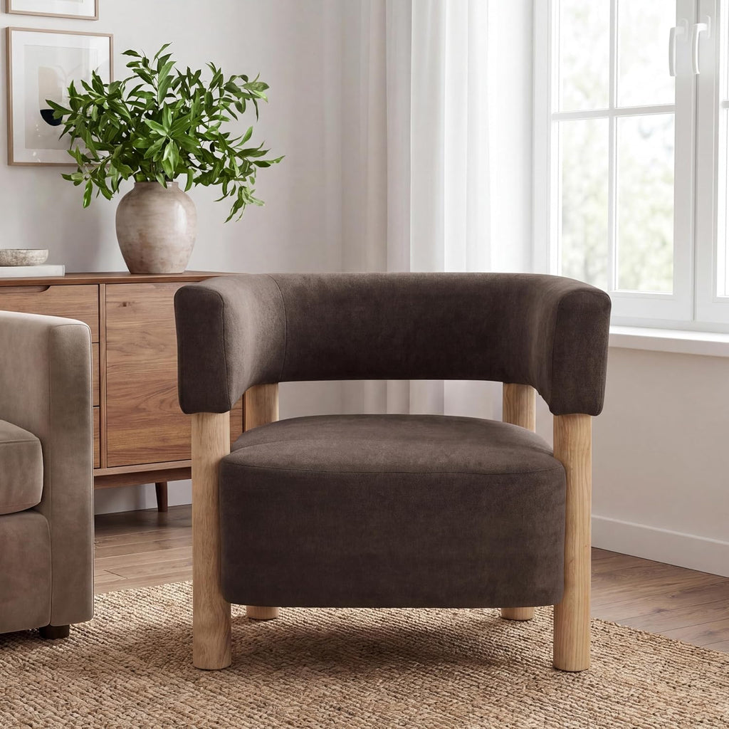Christopher Knight Home Carly Low Profile Accent Chair, Boucle Upholstered Barrel Chair, Comfy Reading Chair for Bedroom, Wooden Single Lounge Sofa, Dark Brown
