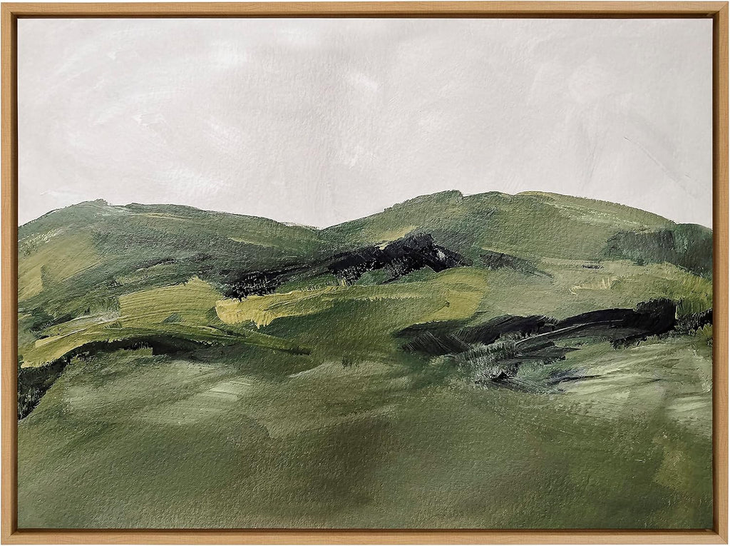 Kate and Laurel Sylvie Green Mountain Landscape Framed Canvas Wall Art by Amy Lighthall; 28x38 Natural; Modern Soft Watercolor Nature Landscape Art for Wall Home Decor