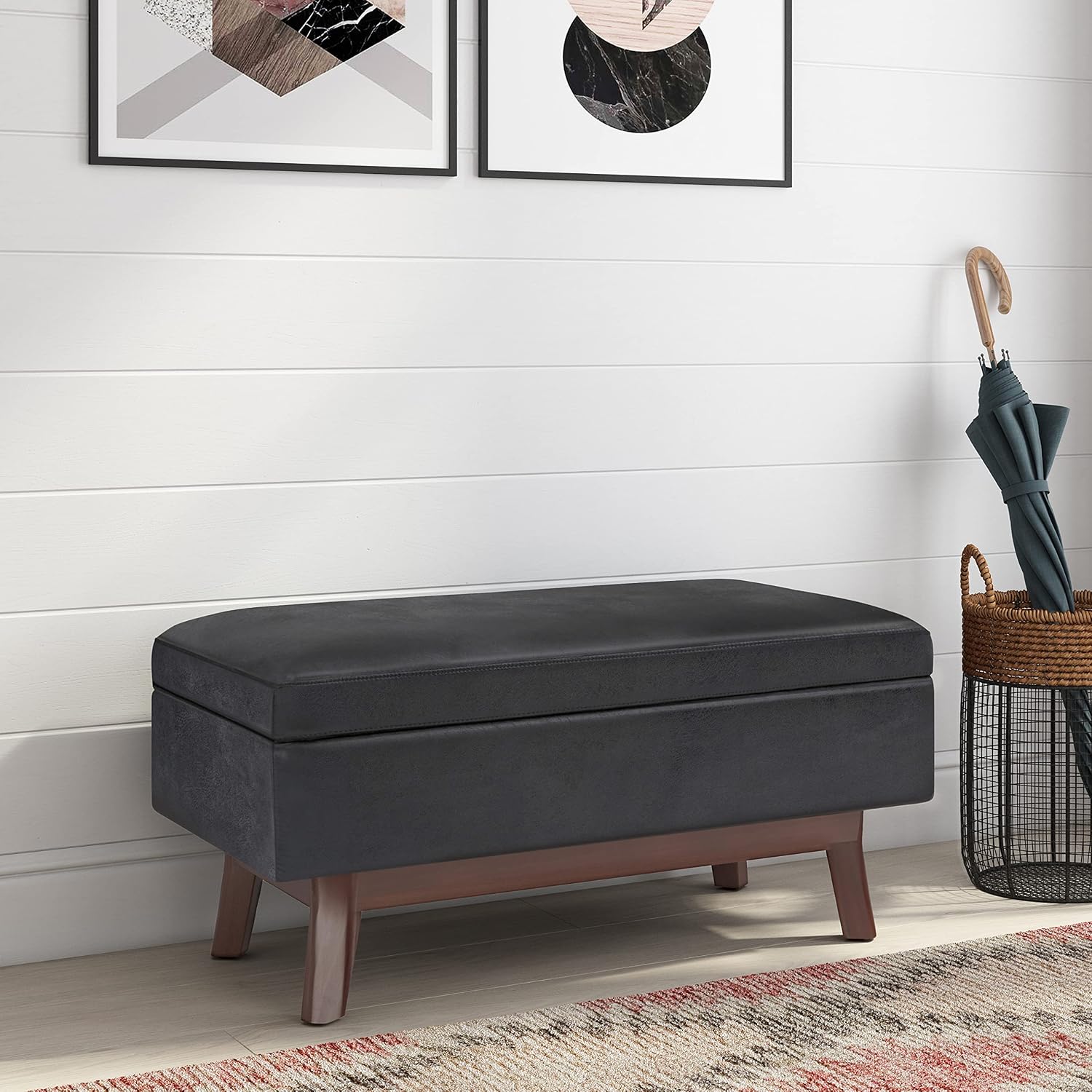 SIMPLIHOME Owen Small Rectangular Storage Ottoman - 36 inch Wide Upholstered Vegan Leather Lift-Top Ottoman in Distressed Black, Mid-Century Modern Ottoman for Living Room with Tufted Detail
