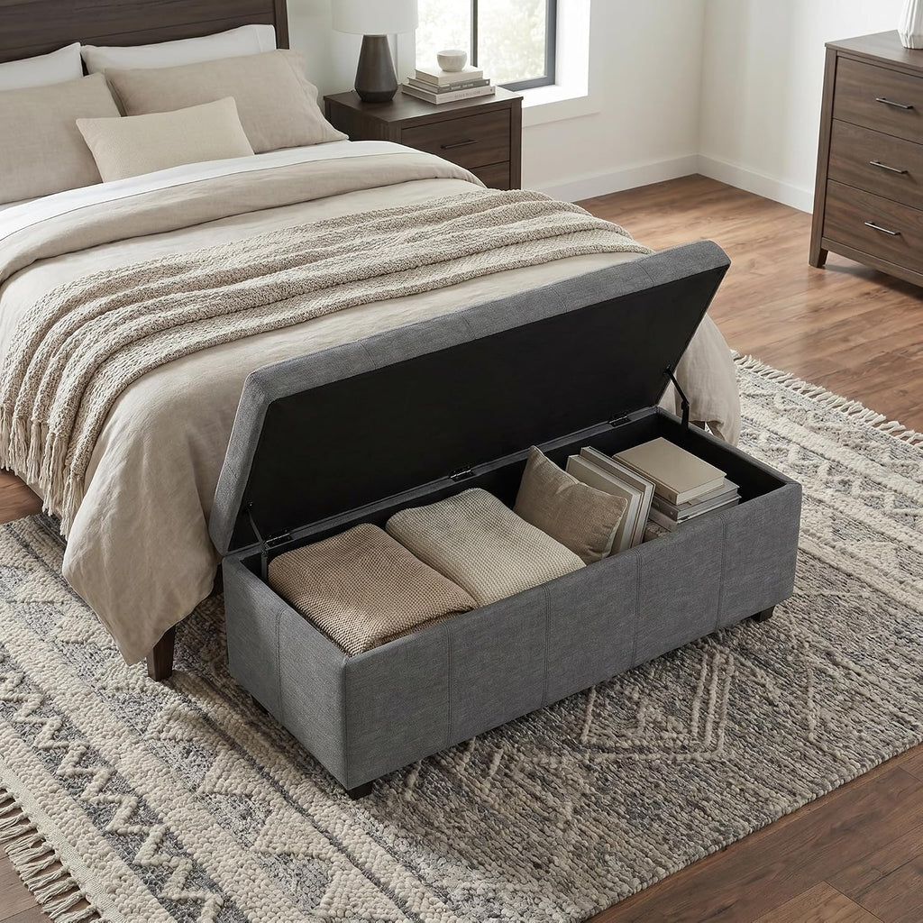 SIMPLIHOME Avalon Storage Ottoman Bench - 48' Wide x 16' High Upholstered Linen Look Fabric Rectangular Lift-Top Ottoman in Slate Grey, Contemporary Bench for Living Room with High-Density Foam