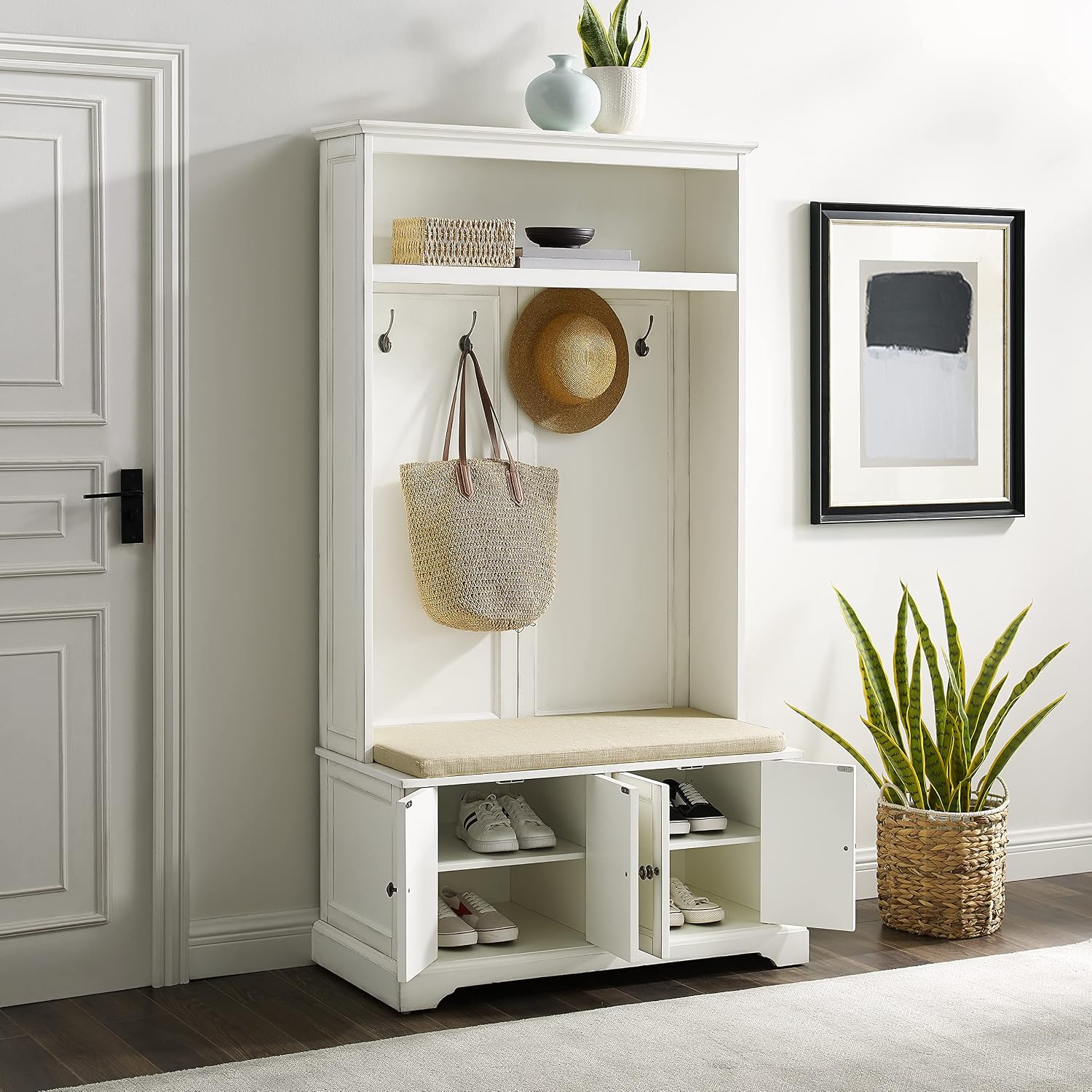 Crosley Furniture Holbrook Hall Tree with Shoe Rack Bench and Coat Hooks for Hanging Storage, Distressed White