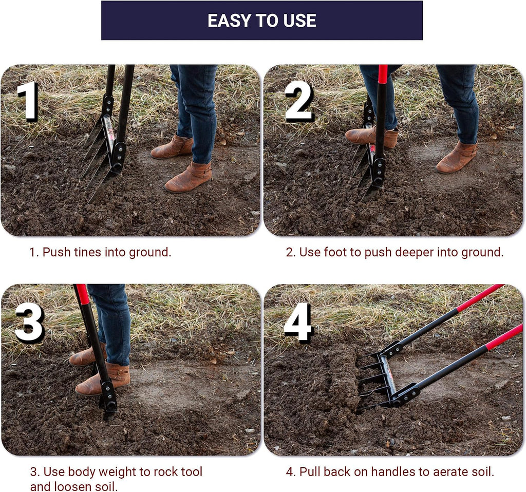 Bully Tools 5-Tine Broadfork with Fiberglass Handles, Heavy Duty Broad Fork for Tilling Aerating and Turning Soil, 56' 10-Gauge Steel Fork, Ideal for Garden Beds and Pavers Base Prep, 100% Made in USA
