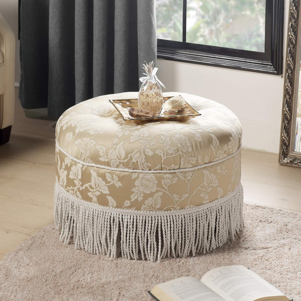 Jennifer Taylor Home Yolanda Collection Traditional Modern Cotton Blend Hand Tufted with Cord and Fringe Round Ottoman, Neutral 24' x 14'