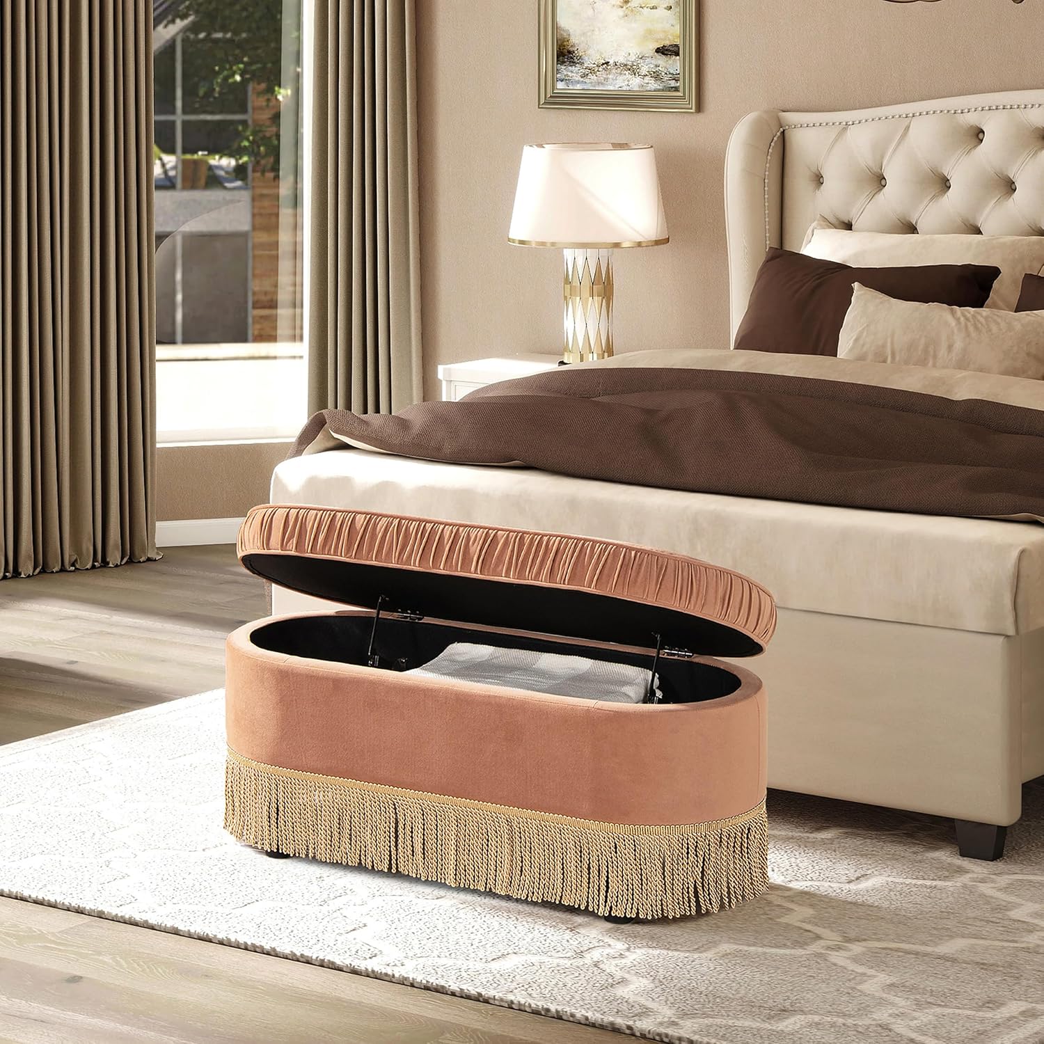 Jennifer Taylor Home Celeste 38' Oval Storage Bench Ottoman, Peach Orange Velvet