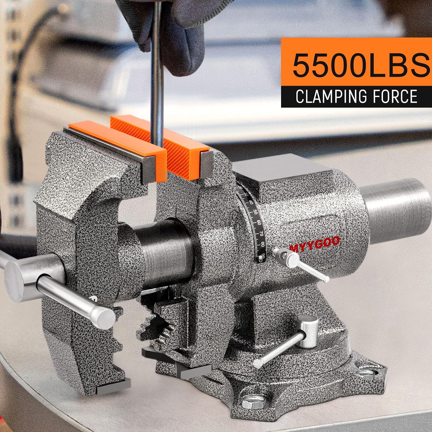 Bench Vise, 5inch Width 5inch Jaw Opening, 360° Swivel Base, Multipurpose Heavy Duty Workbench Vise with Anvil and 1 Pair Vise Jaw Pad, Table Vise Clamp force 5500LBS