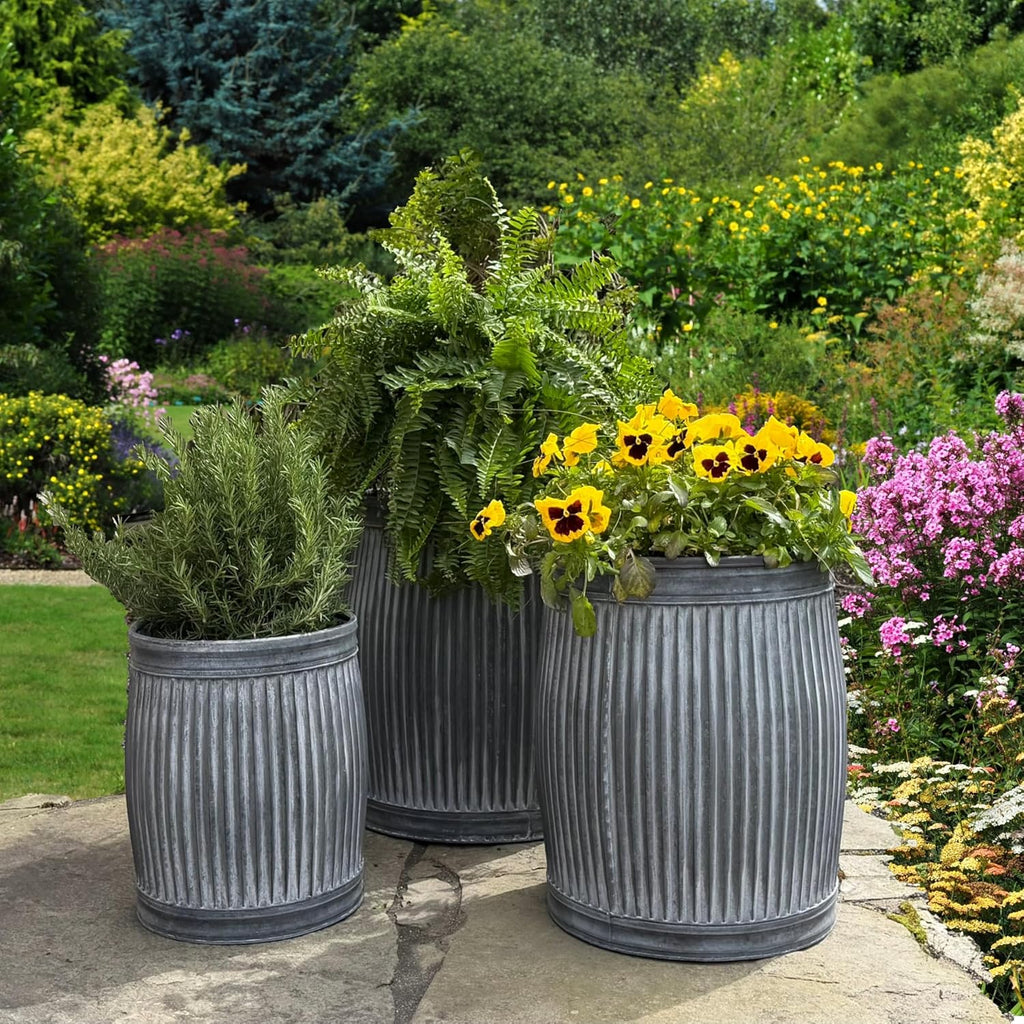 WHW Whole House Worlds French Country Style Tall Belly Bucket Pot Planters, Set of 3, Galvanized Metal, Vintage Grey, White Patina, Corrugated Cache Pots, Rustic, 22.5'