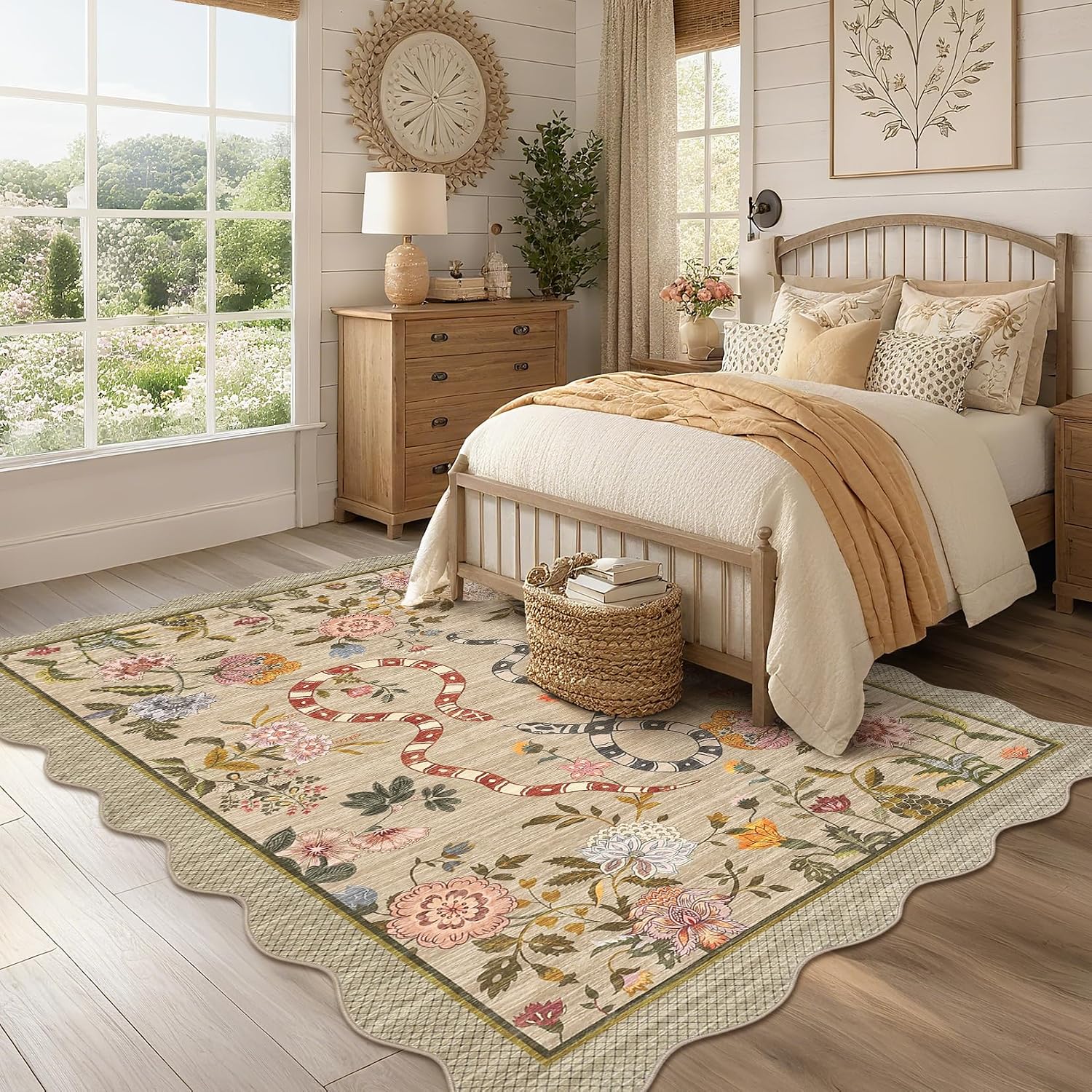 Garvee Washable 9x12 Area Rugs for Living Room Non Slip Botanical Snake Rugs for Bedroom, Boho Scalloped Stain-Resistant Dining Room Rug for Under Table Carpet for Home Office Playroom Farmhouse,Brown