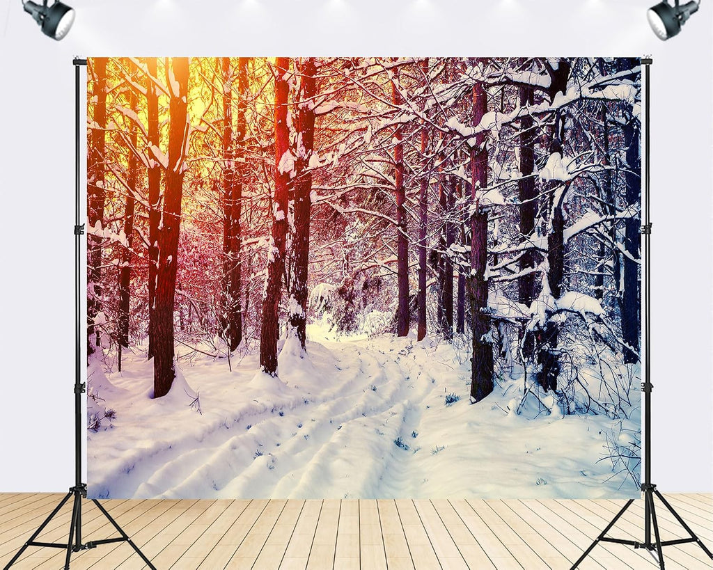 Trykid 20x10ft Snowy Pine Forest Backdrop Sunset Winter Woodland Scenery Photography Background Nature Retreat Party Decoration Tapestry Photo Booth Prop Fabric