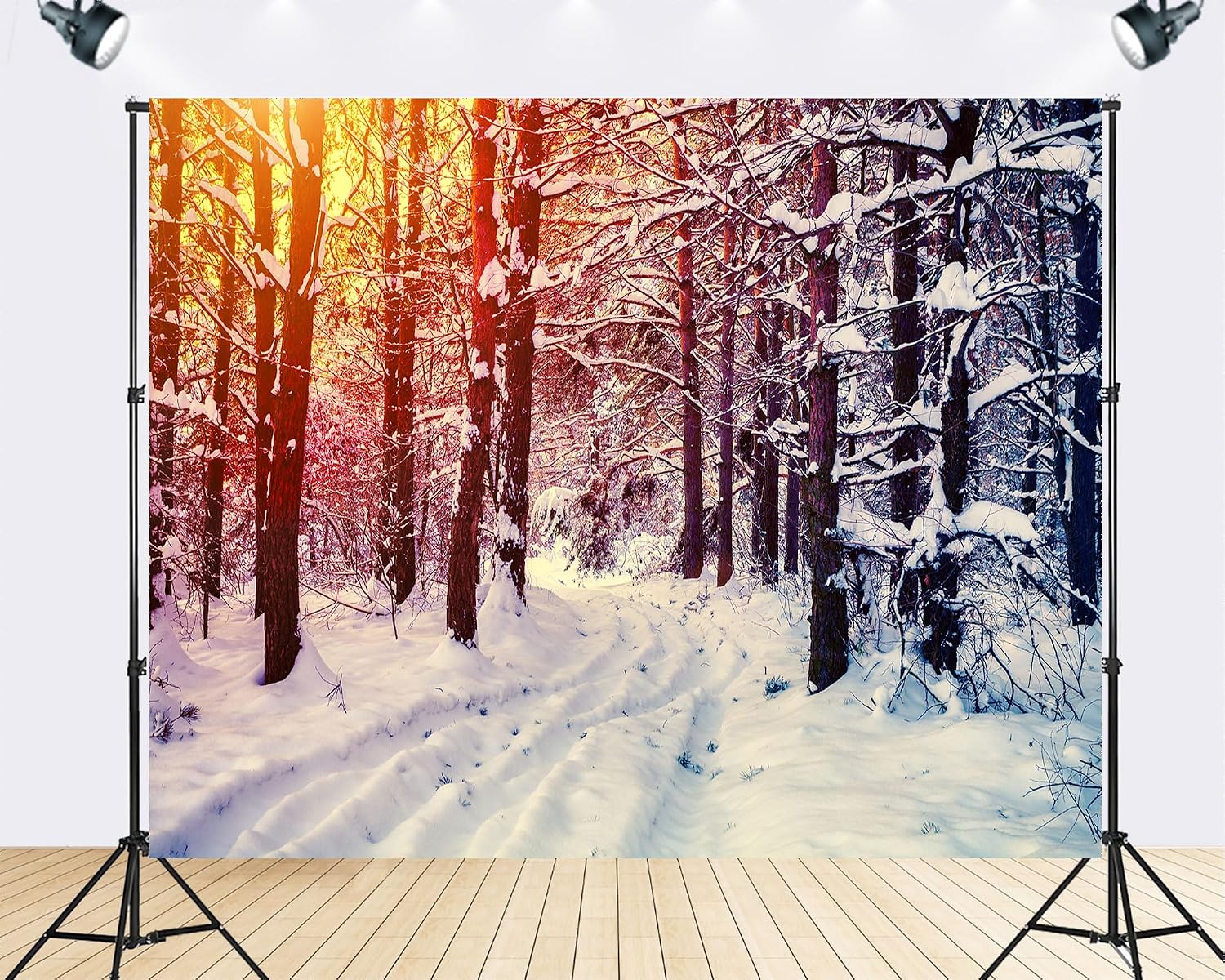 Trykid 20x10ft Snowy Pine Forest Backdrop Sunset Winter Woodland Scenery Photography Background Nature Retreat Party Decoration Tapestry Photo Booth Prop Fabric