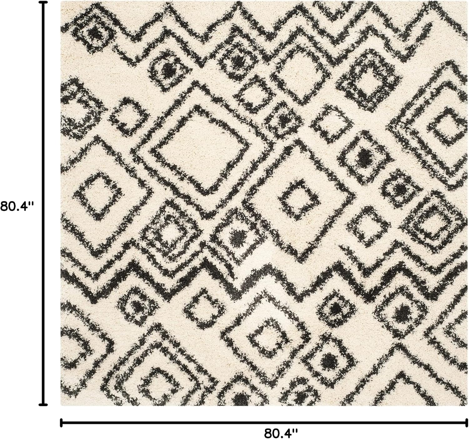 SAFAVIEH Belize Shag Collection Area Rug - 6'7' Square, Ivory & Charcoal, Boho Tribal Design, Non-Shedding & Easy Care, 2-inch Thick Ideal for High Traffic Areas in Living Room, Bedroom (SGB488B)