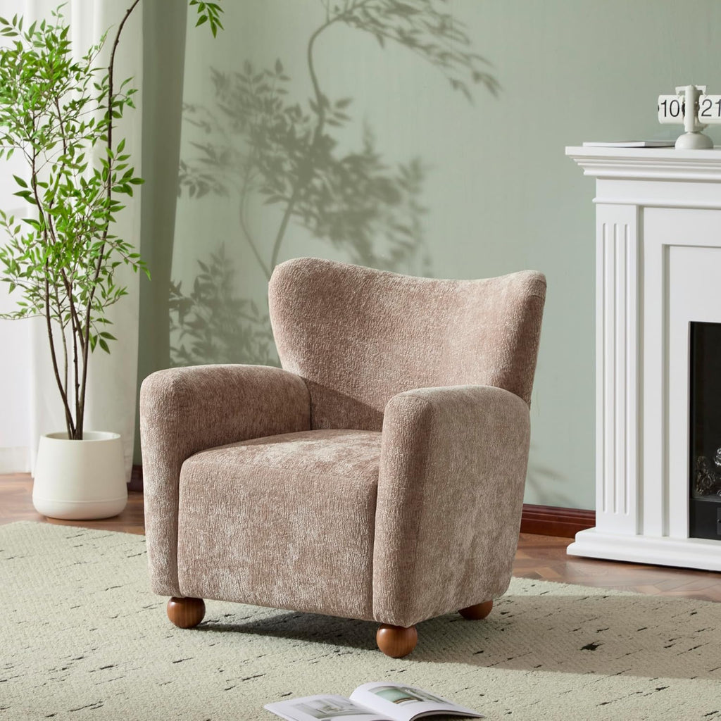 Christopher Knight Home Lindy Wingback Accent Chair, Upholstered Armchair with Rounded Wooden Legs, Curved Backrest Single Sofa, Soft Cushion Seating, Comfy Lounge Chair for Living Room, Beige Brown