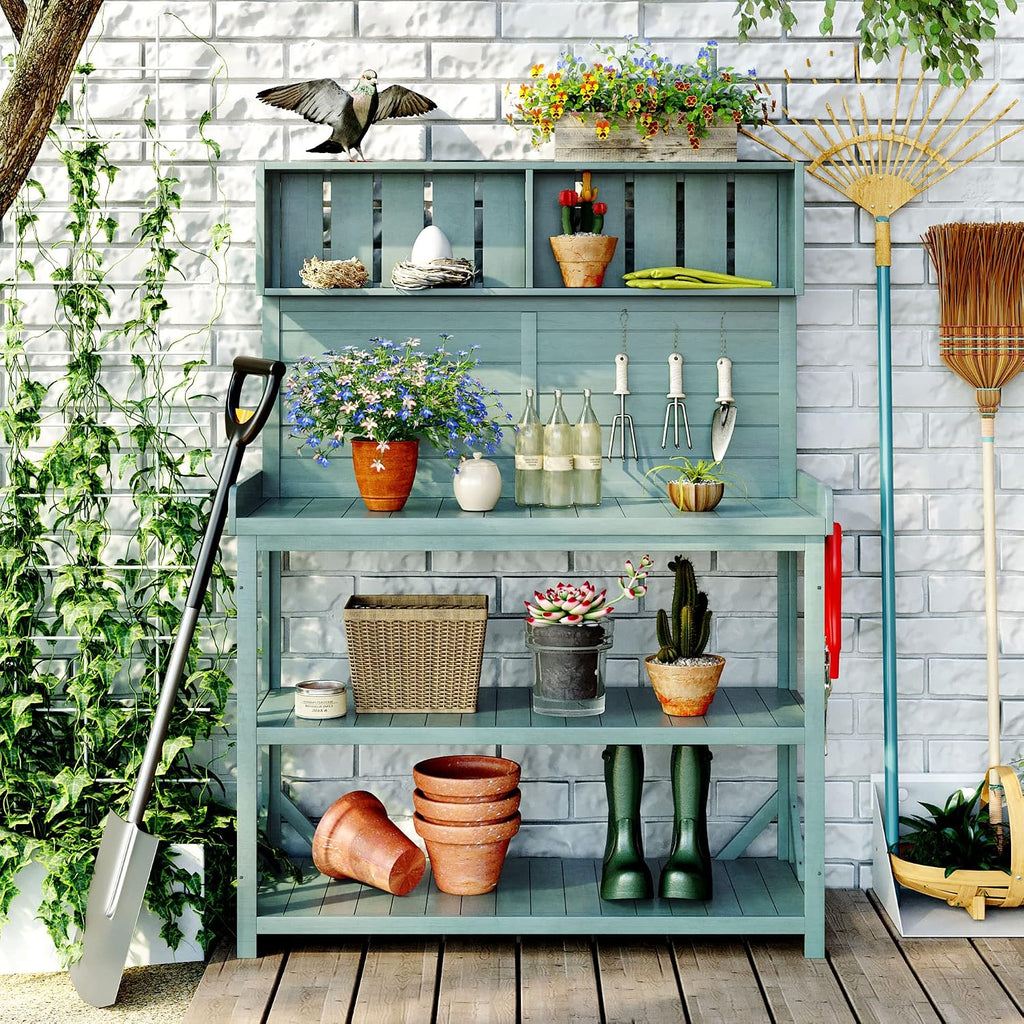 KUIKUI Potting Table, Outdoor Potting Bench with 4 Storage Shelves and Side Hook, Gardening Tables for Outdoors, 46.9x19.3x65inch, Green