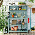 KUIKUI Potting Table, Outdoor Potting Bench with 4 Storage Shelves and Side Hook, Gardening Tables for Outdoors, 46.9x19.3x65inch, Green