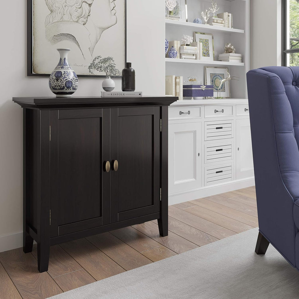 SIMPLIHOME Redmond Storage Cabinet - 32 inch Wide Solid Wood 2-Shelf Low Storage Cabinet in Hickory Brown, Transitional Accent Cabinet for Entryway with Adjustable Shelves and Tapered Legs