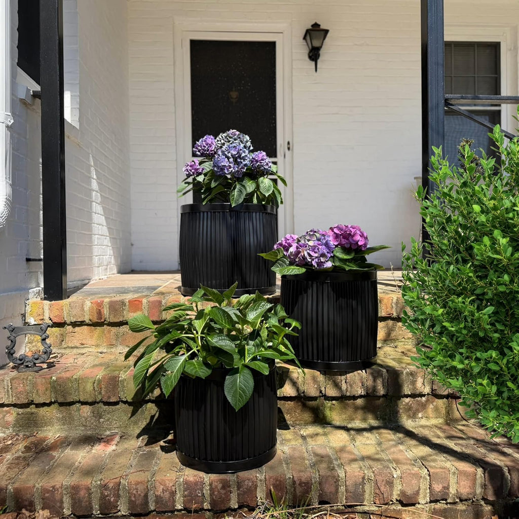 WHW Whole House Worlds French Country Style Belly Bucket Planters, Round, Set of 3, Iron, Glossy Black, Corrugated Cache Pots, Rustic, Large Capcity, from Over 1 Ft Diameter (17-12 Inches)