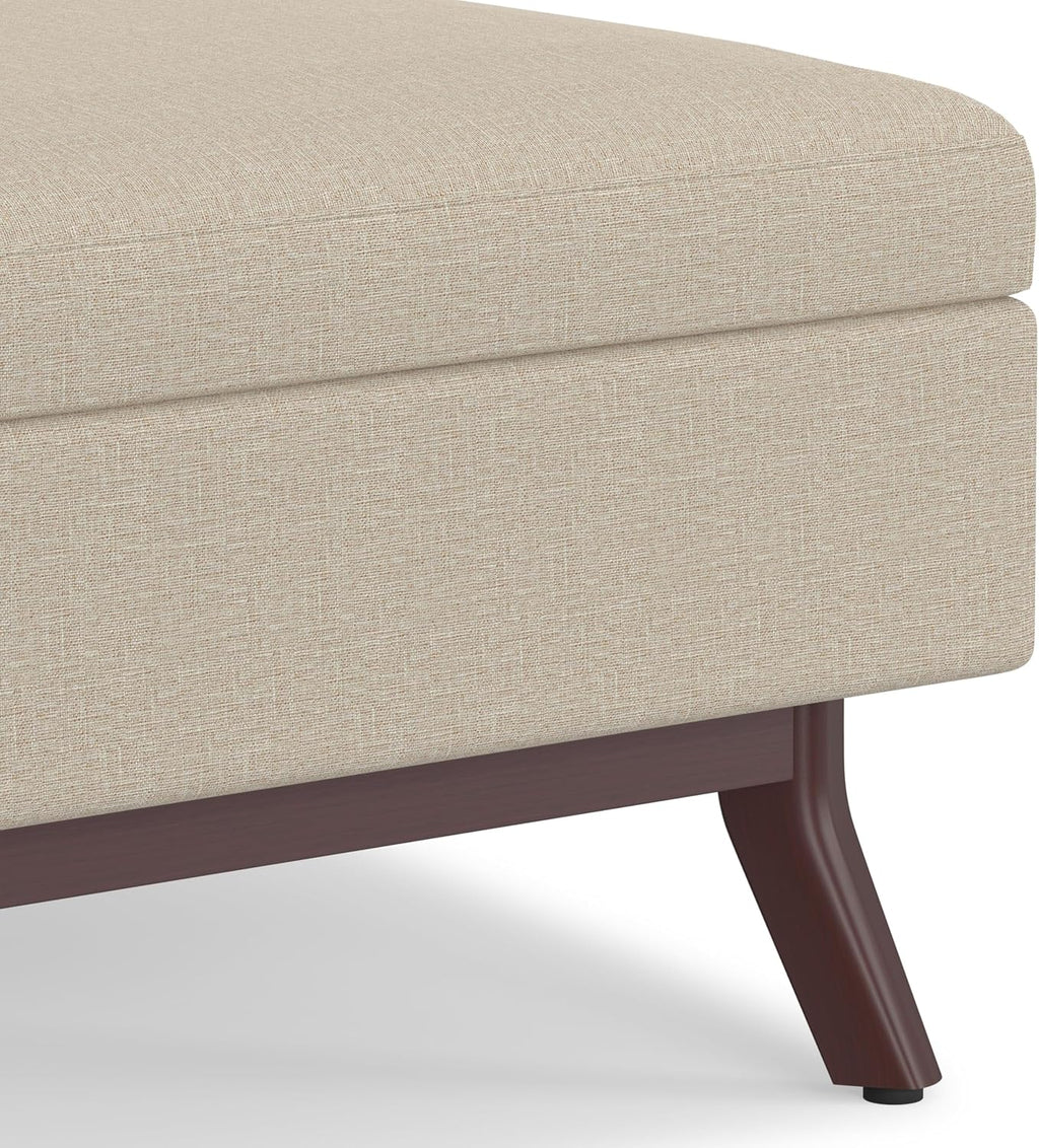 SIMPLIHOME Owen Coffee Table Storage Ottoman - 34' Wide x 19' High Upholstered Linen Look Fabric Rectangular Lift-Top Ottoman in Natural, Mid-Century Modern Bench for Living Room with Tapered Legs