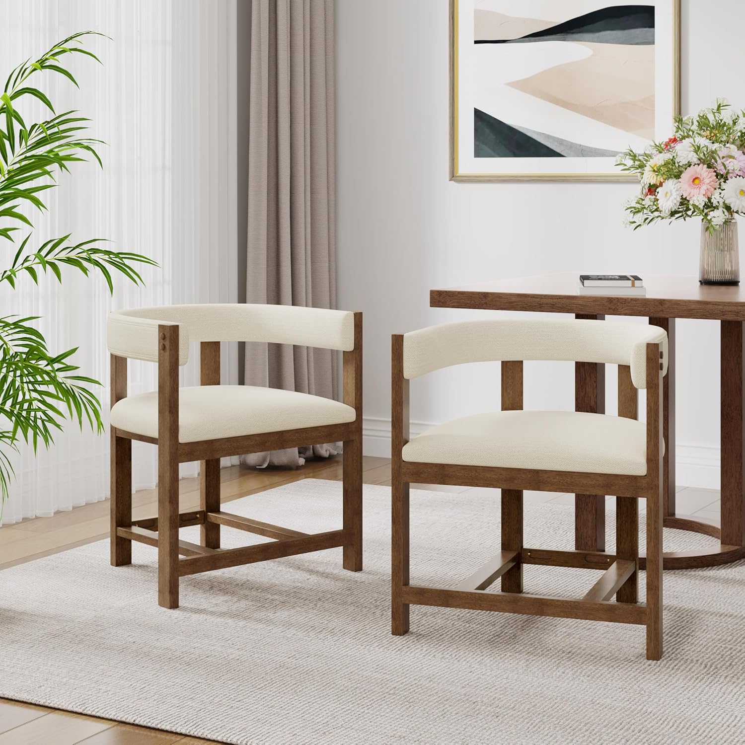 Christopher Knight Home Set of 2 Arley Modern Fabric Upholstered Dining Armchair, Sturdy Wooden Kitchen Side Chair with Ergonomic Backrest and Footrest, Soft Padded Barrel Accent Chair, Beige+Walnut