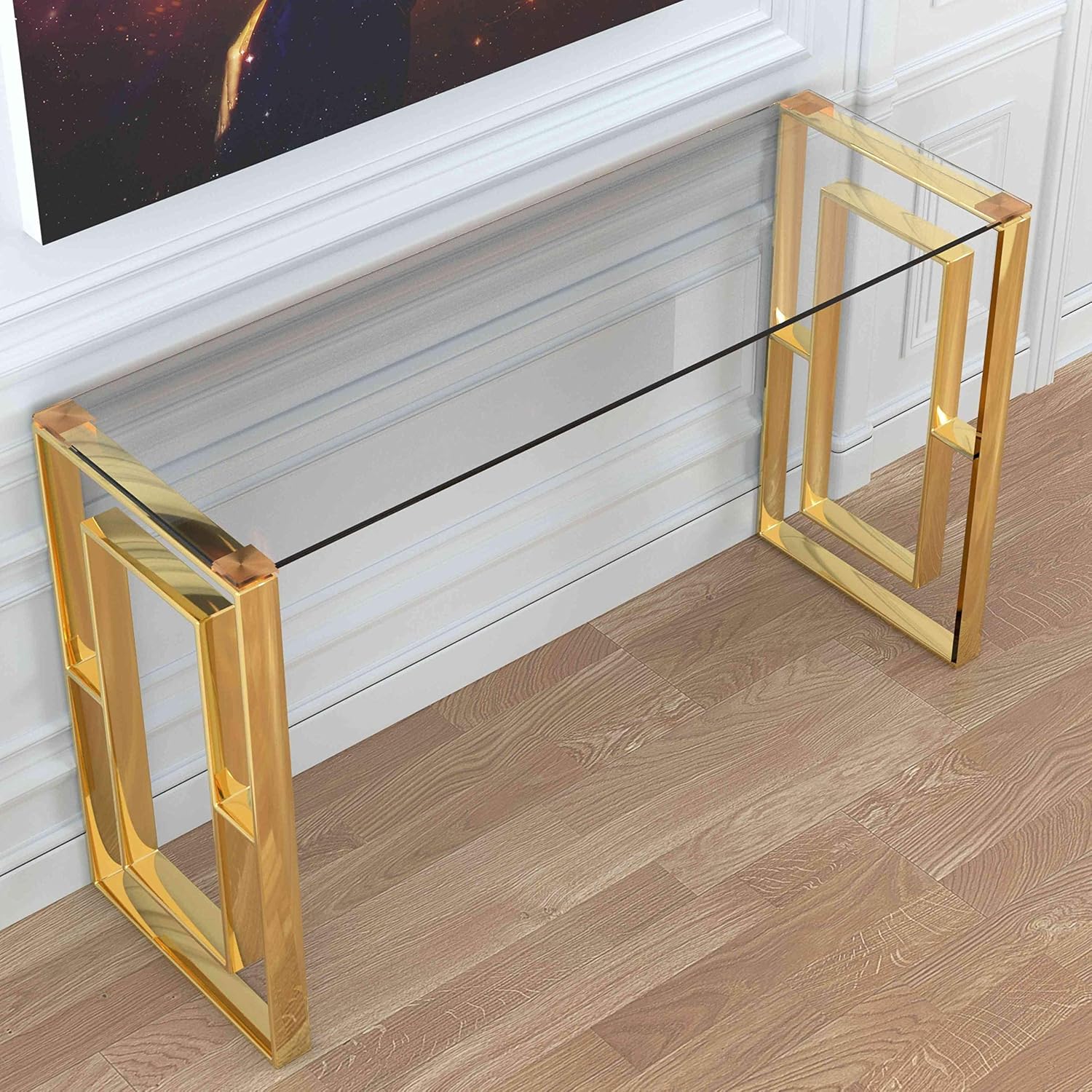 Cortesi Home Laila Console Table Stainless Steel Glass, 15.75' D x 47' W x 30.5' H, Gold,Clear