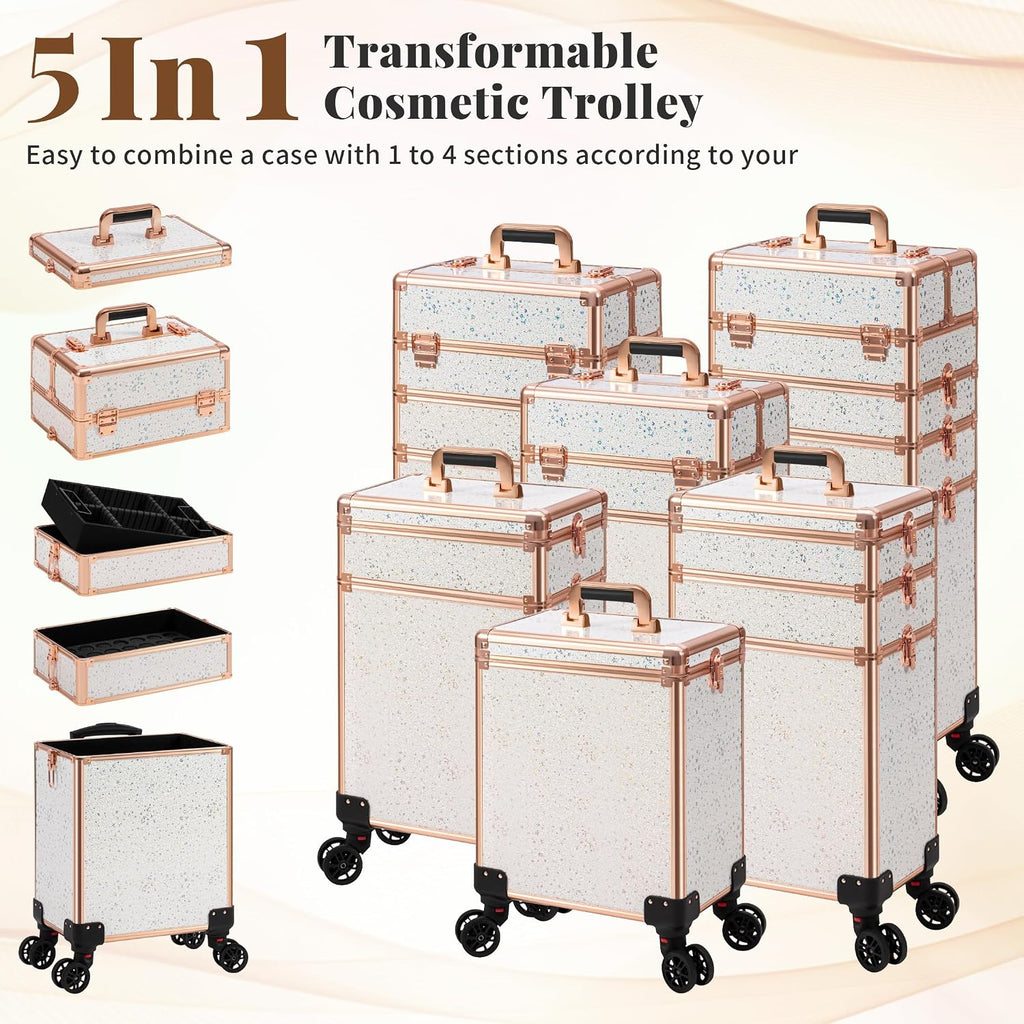 AROUS Rolling Makeup Train Case 5 in 1 Cosmetology Case on Wheels Large Cosmetic Organizer Travel Cart for Hairstylist Artist Nail Beauty Salon Barber,White