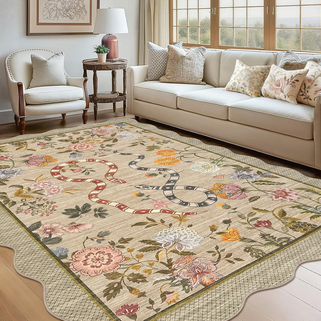 Garvee Washable 9x12 Area Rugs for Living Room Non Slip Botanical Snake Rugs for Bedroom, Boho Scalloped Stain-Resistant Dining Room Rug for Under Table Carpet for Home Office Playroom Farmhouse,Brown