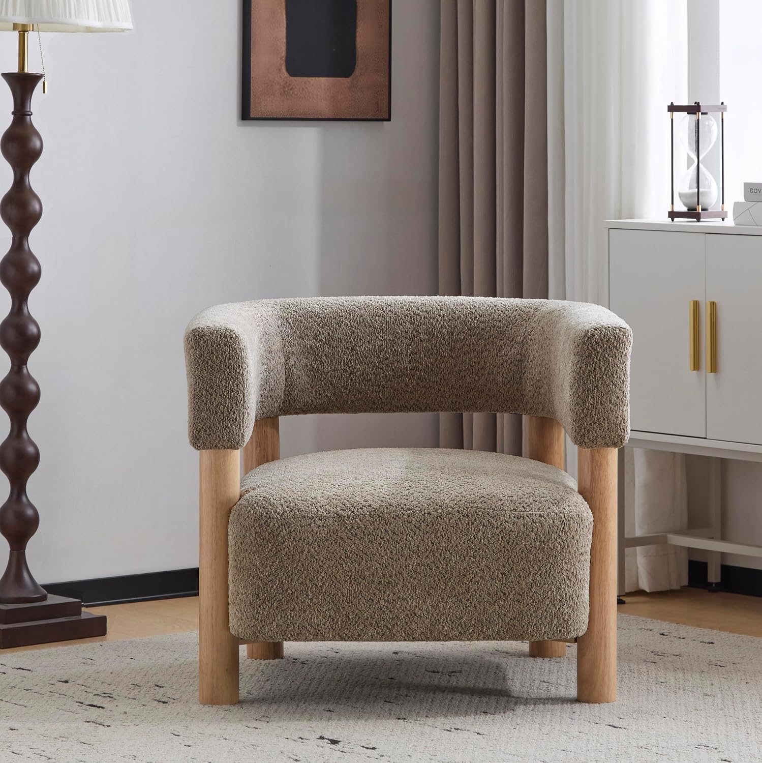 Christopher Knight Home Carly Low Profile Accent Chair, Round Backrest Side Chair, Living Room Armchair with Boucle Fabric Cushion,Comfy Reading Chair for Bedroom,Wooden Single Lounge Sofa,Light Camel