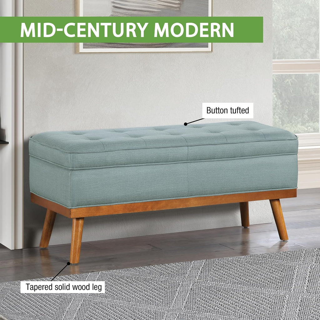 OSP Home Furnishings Katheryn Mid-Century Modern Storage Bench with Tufted Seat and Wood Legs, Sea Blue Fabric