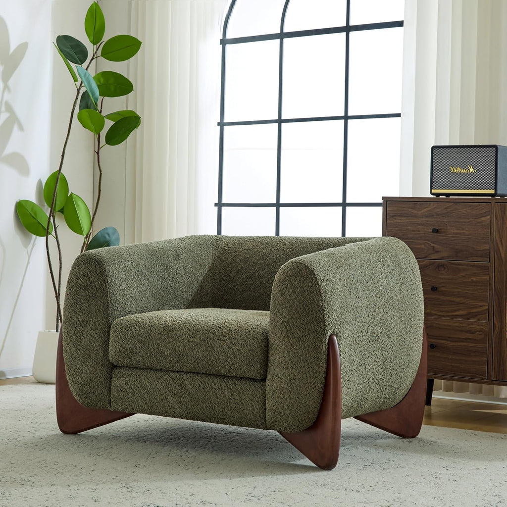 Christopher Knight Home Holly Modern Boucle Fabric Upholstered Club Chair for Living Room, Home Office, Apartment, Relaxing Chair with Removable Cushion and Birch Wood Legs, Olive Green+Walnut