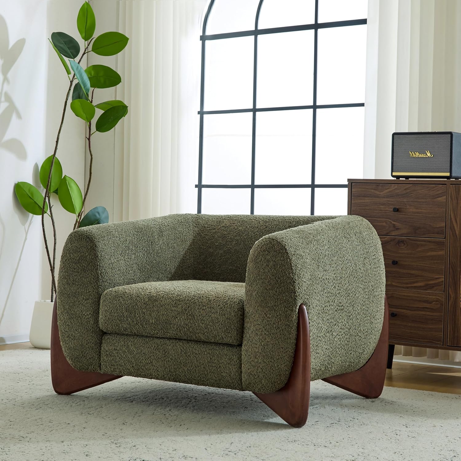Christopher Knight Home Holly Modern Boucle Fabric Upholstered Club Chair for Living Room, Home Office, Apartment, Relaxing Chair with Removable Cushion and Birch Wood Legs, Olive Green+Walnut