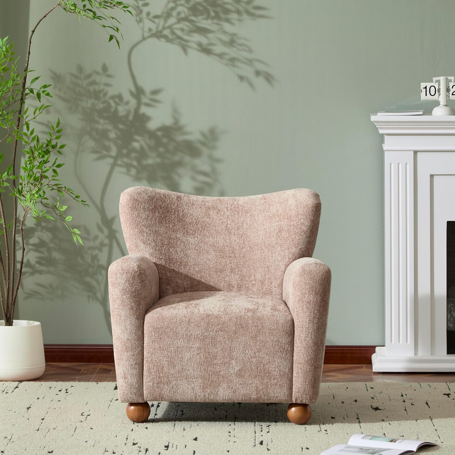 Christopher Knight Home Lindy Wingback Accent Chair, Upholstered Armchair with Rounded Wooden Legs, Curved Backrest Single Sofa, Soft Cushion Seating, Comfy Lounge Chair for Living Room, Beige Brown