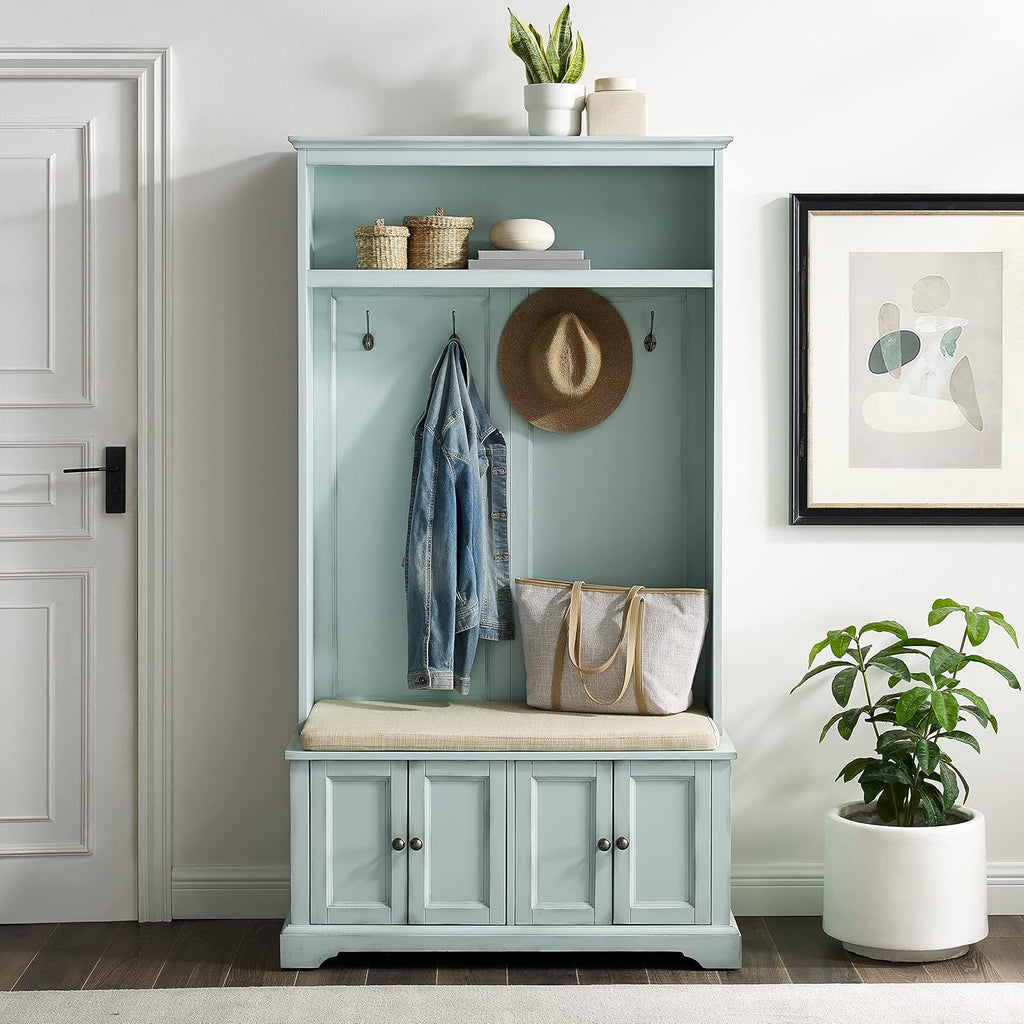 Crosley Furniture Holbrook Hall Tree with Shoe Rack Bench and Coat Hooks for Hanging Storage, Distressed Seafoam Blue