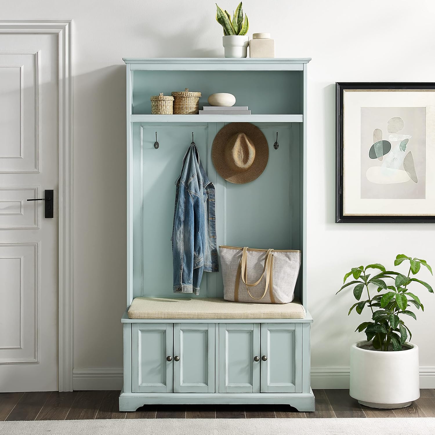 Crosley Furniture Holbrook Hall Tree with Shoe Rack Bench and Coat Hooks for Hanging Storage, Distressed Seafoam Blue