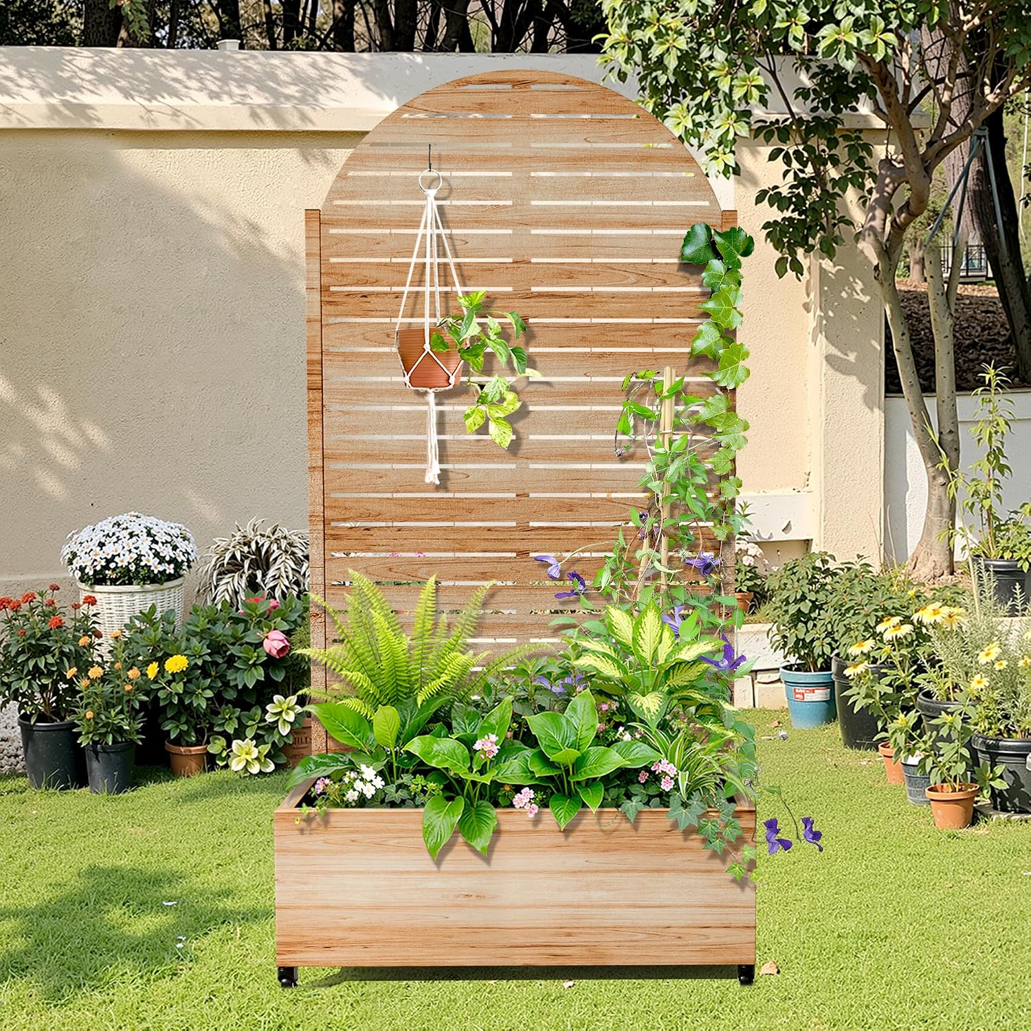 Metal Raised Garden Bed with Trellis, 2-in-1 Planter Box & Privacy Screen for Climbing Plants, Outdoor Standing Flower Bed with Drainage Holes, 35.4'L x 15.7'W x 70.1'H, Acacia Wood Grain-Louvered