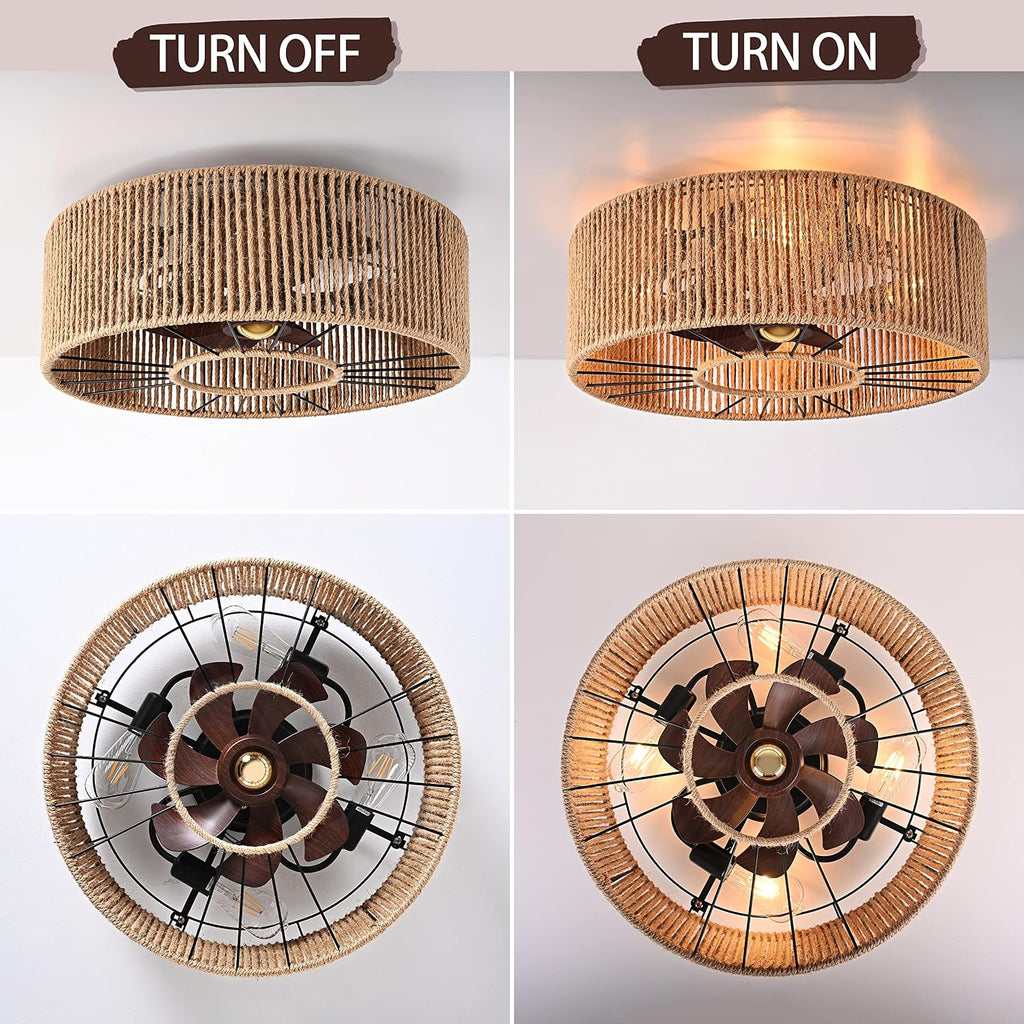 Caged Ceiling Fans with Lights Boho Ceiling Fan Enclosed Ceiling Fans Industrial Low Profile Ceiling Fan with Lights and Remote Hemp Rope Farmhouse Fans with Light for Bedroom Kitchen