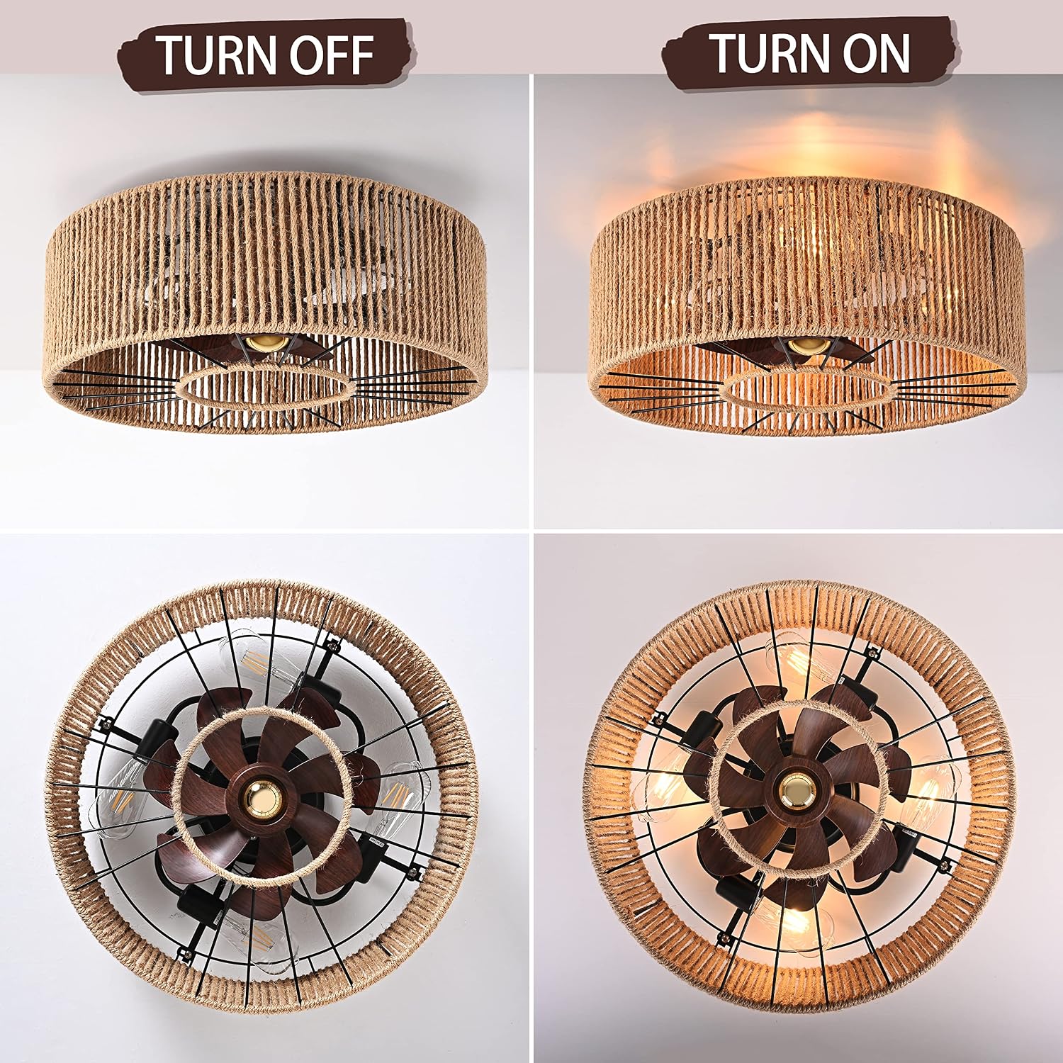 Caged Ceiling Fans with Lights Boho Ceiling Fan Enclosed Ceiling Fans Industrial Low Profile Ceiling Fan with Lights and Remote Hemp Rope Farmhouse Fans with Light for Bedroom Kitchen