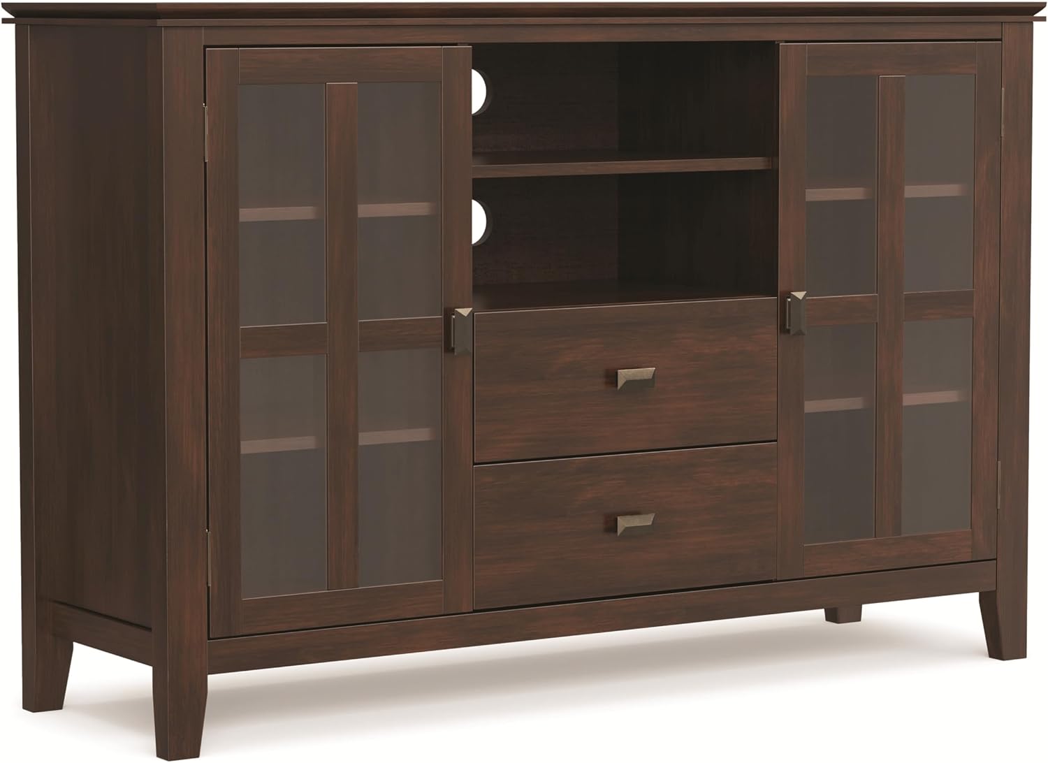 SIMPLIHOME Artisan TV Stand - 53 inch Wide Solid Wood Tall Media Console in Russet Brown, Contemporary Entertainment Center for Living Room for TVs up to 60 Inches with Drawers and Cable Management