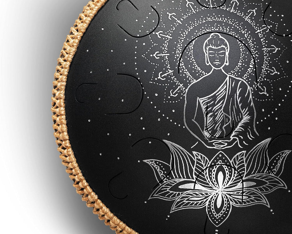 GUDA DRUM Coin Magic Lotus. Double sided drum with Rope Decoration and FREE Mallets. Premium Tongue Drum