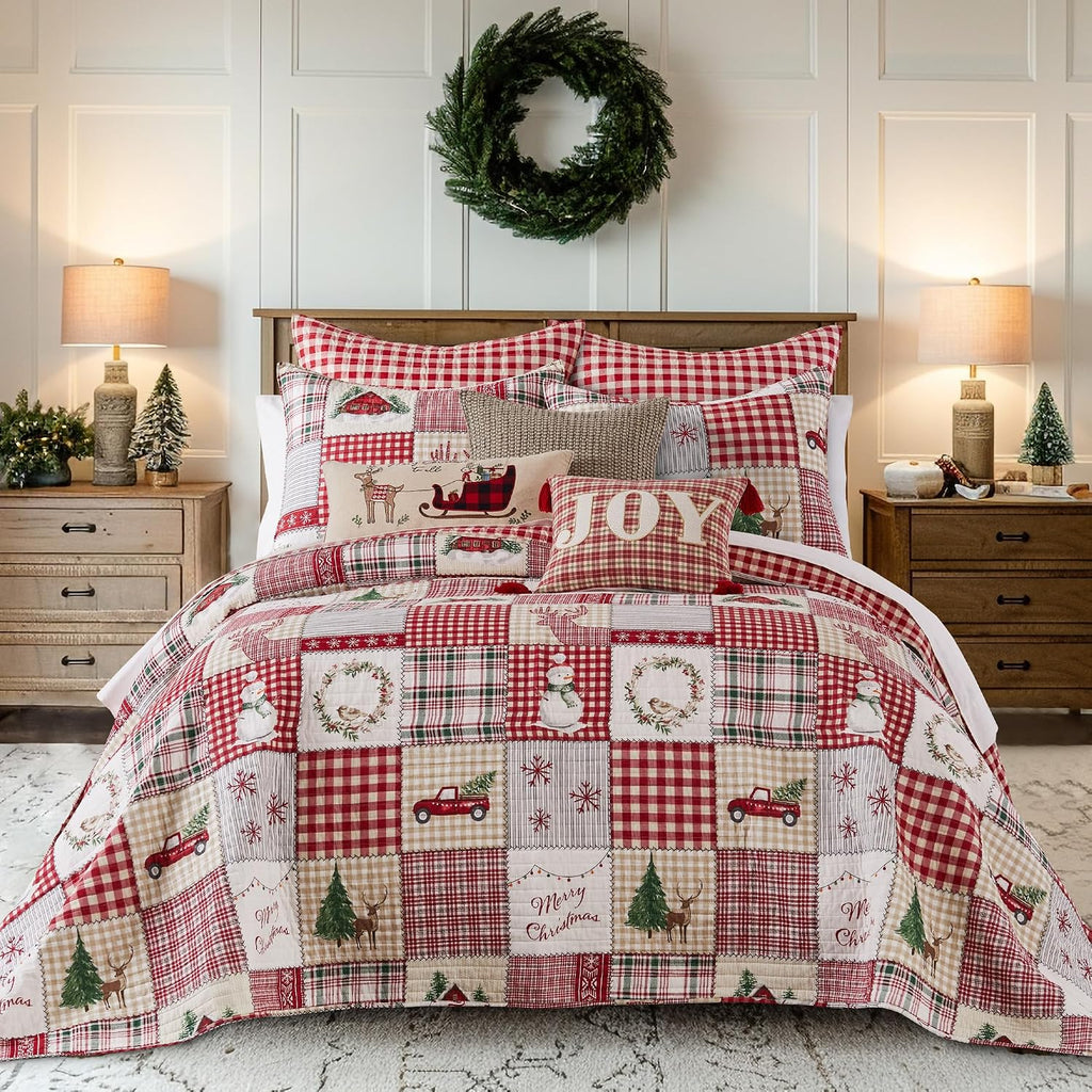 Levtex Home - Home for Christmas Bedspread Set - Full Bedspread and Two Standard Shams - Patchwork - Green Red Taupe Cream - Bedspread (96X106in.) and Shams (20x26in.) - Cotton