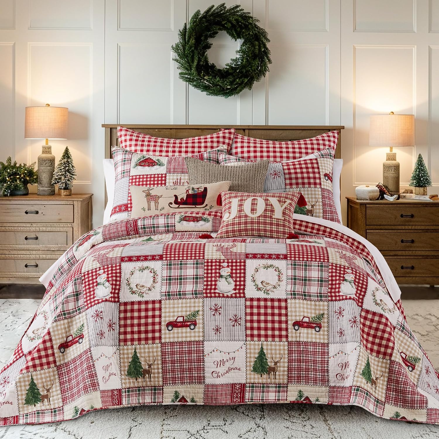 Levtex Home - Home for Christmas Bedspread Set - Full Bedspread and Two Standard Shams - Patchwork - Green Red Taupe Cream - Bedspread (96X106in.) and Shams (20x26in.) - Cotton