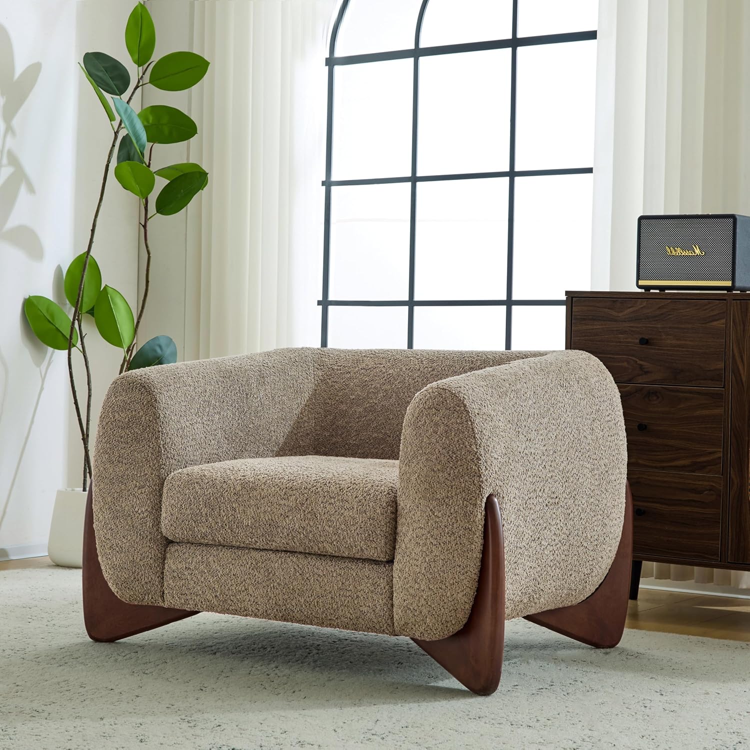 Christopher Knight Home Holly Modern Boucle Fabric Upholstered Club Chair for Living Room, Home Office, Apartment, Relaxing Chair with Removable Cushion and Birch Wood Legs, Light Brown