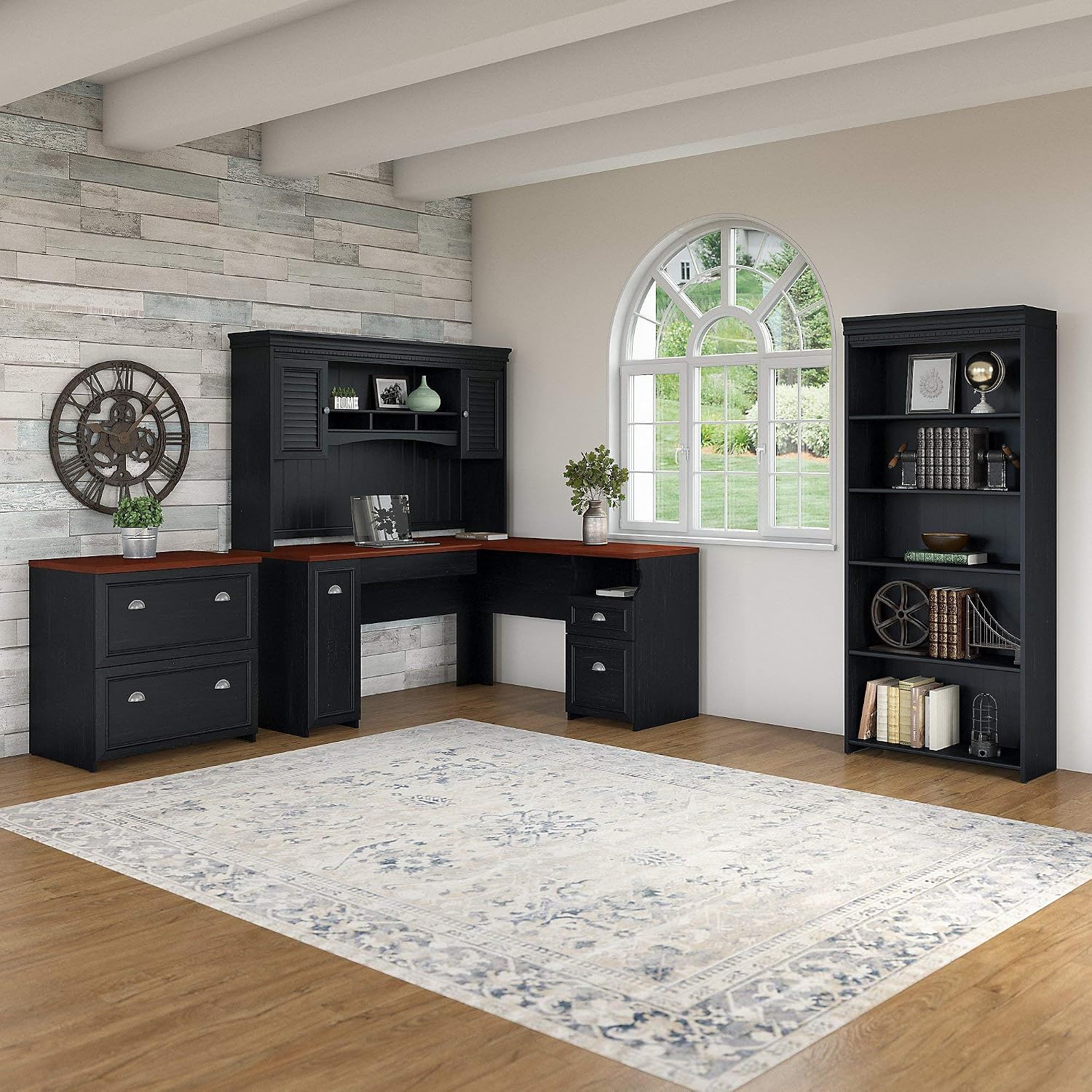 Bush Home Fairview 60W L Shaped Desk with Hutch, Lateral File Cabinet and 5 Shelf Bookcase in Antique Black and Hansen Cherry