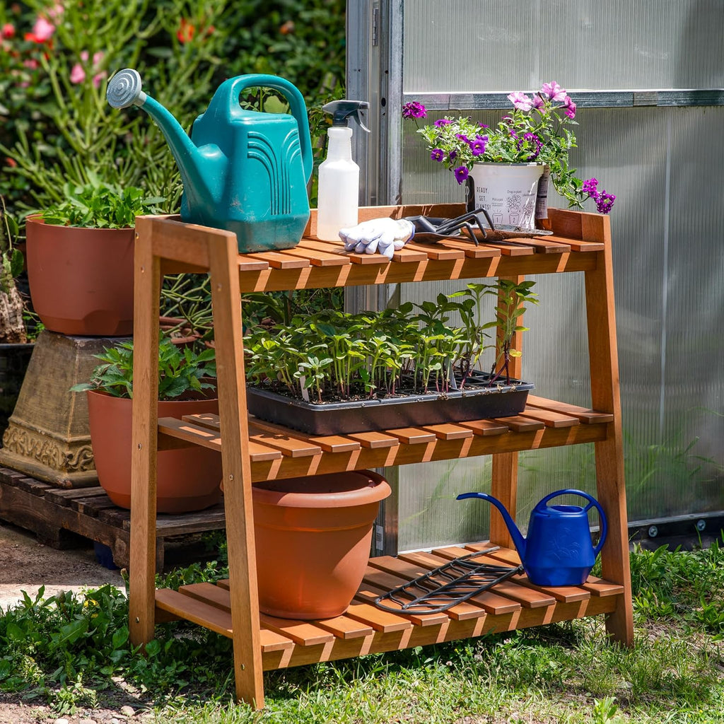 Sunnydaze Outdoor Meranti Wood 3-Tiered Garden Shelf with Teak Oil Finish