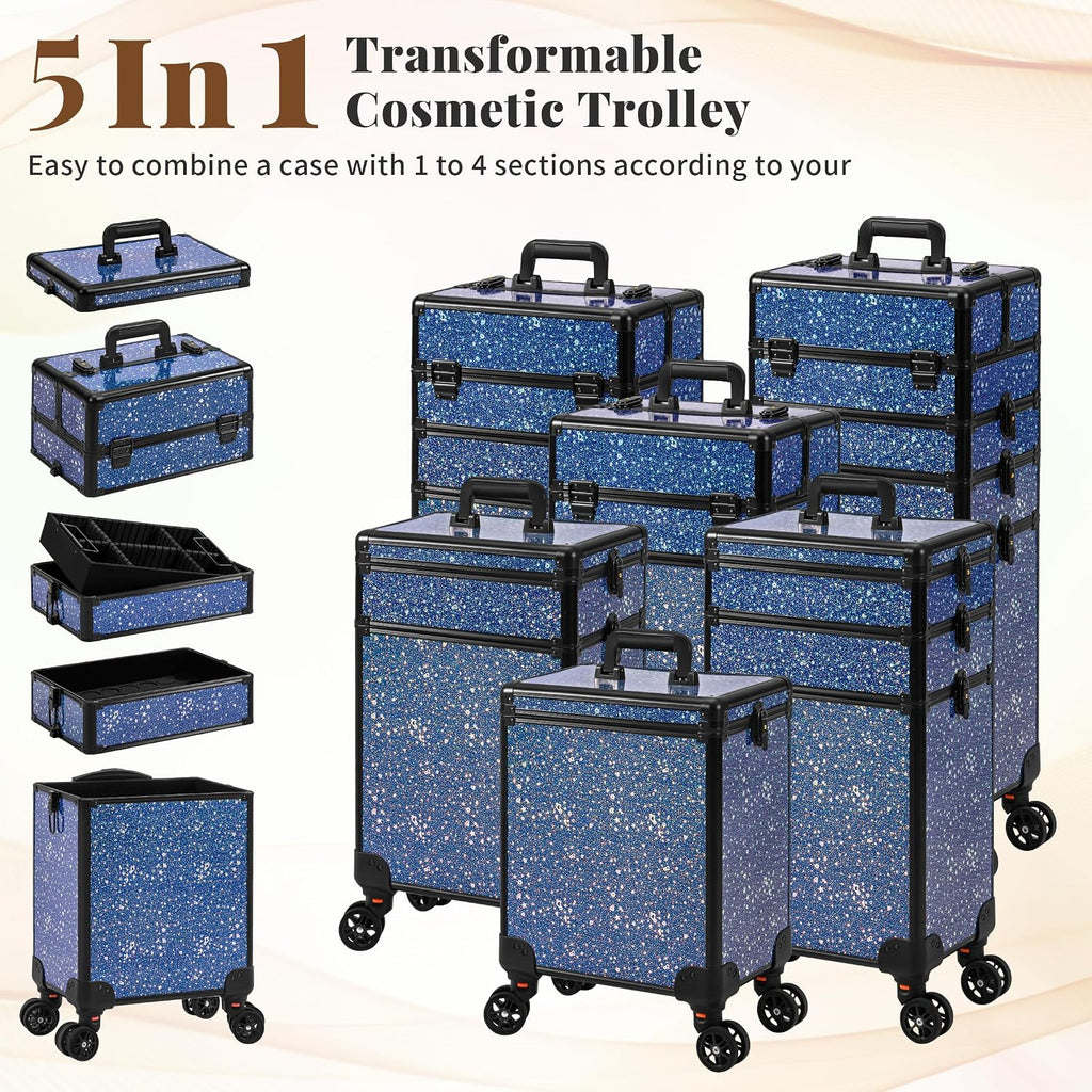 AROUS Rolling Makeup Train Case 5 in 1 Cosmetology Case on Wheels Large Cosmetic Organizer Travel Cart for Hairstylist Artist Nail Beauty Salon Barber,Blue