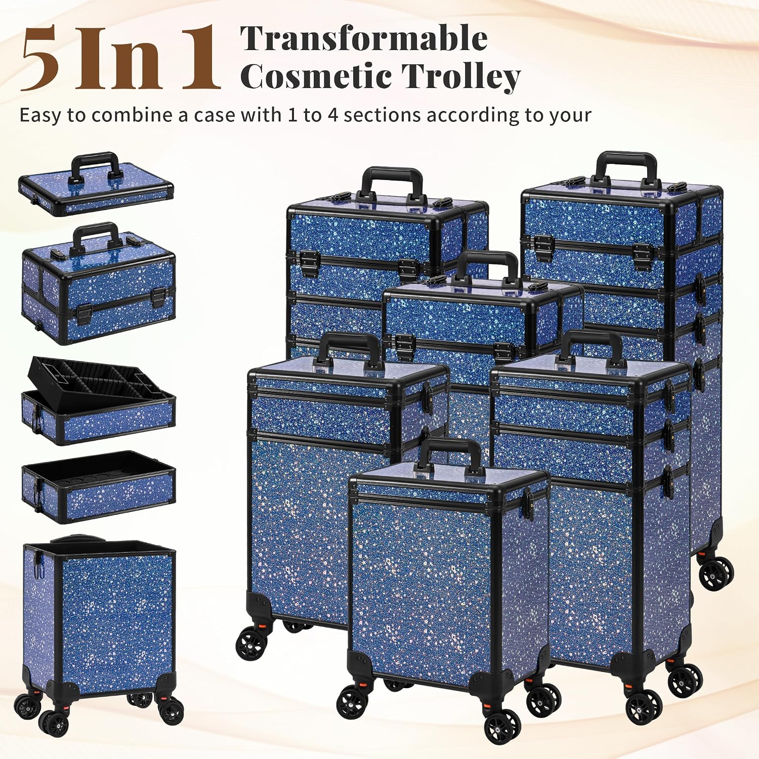 AROUS Rolling Makeup Train Case 5 in 1 Cosmetology Case on Wheels Large Cosmetic Organizer Travel Cart for Hairstylist Artist Nail Beauty Salon Barber,Blue