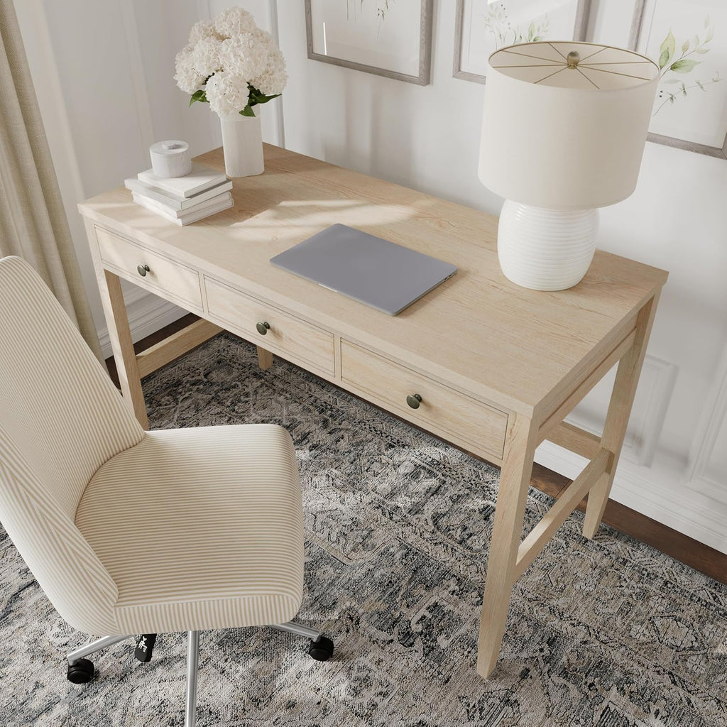 Martha Stewart Rhett Home Office Desk with 3 Drawers and Tapered Legs in Light Natural with Antique Bronze Hardware